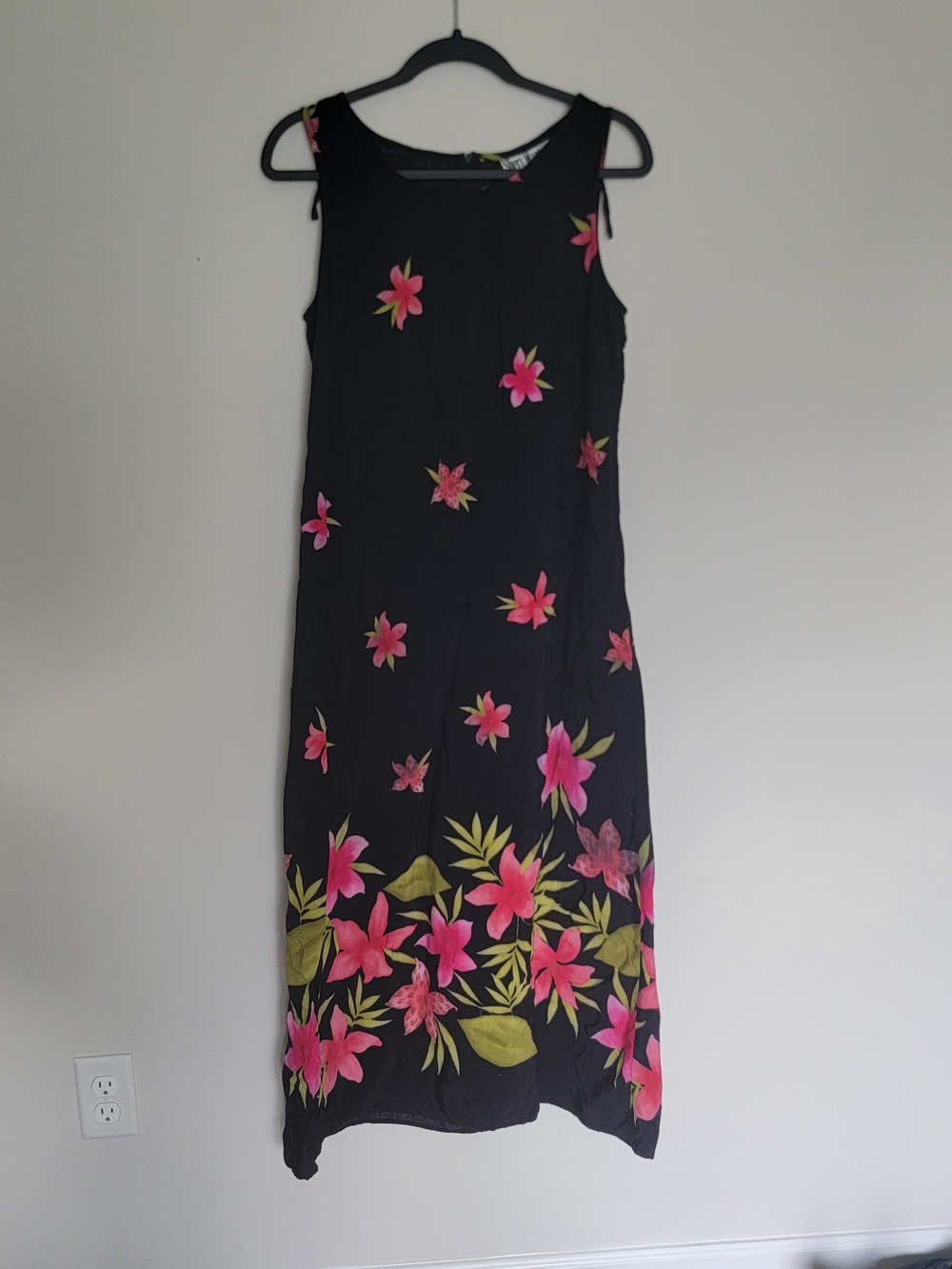 Sheri Martin Black Maxi Dress with Pink Floral & Green Leaf Print